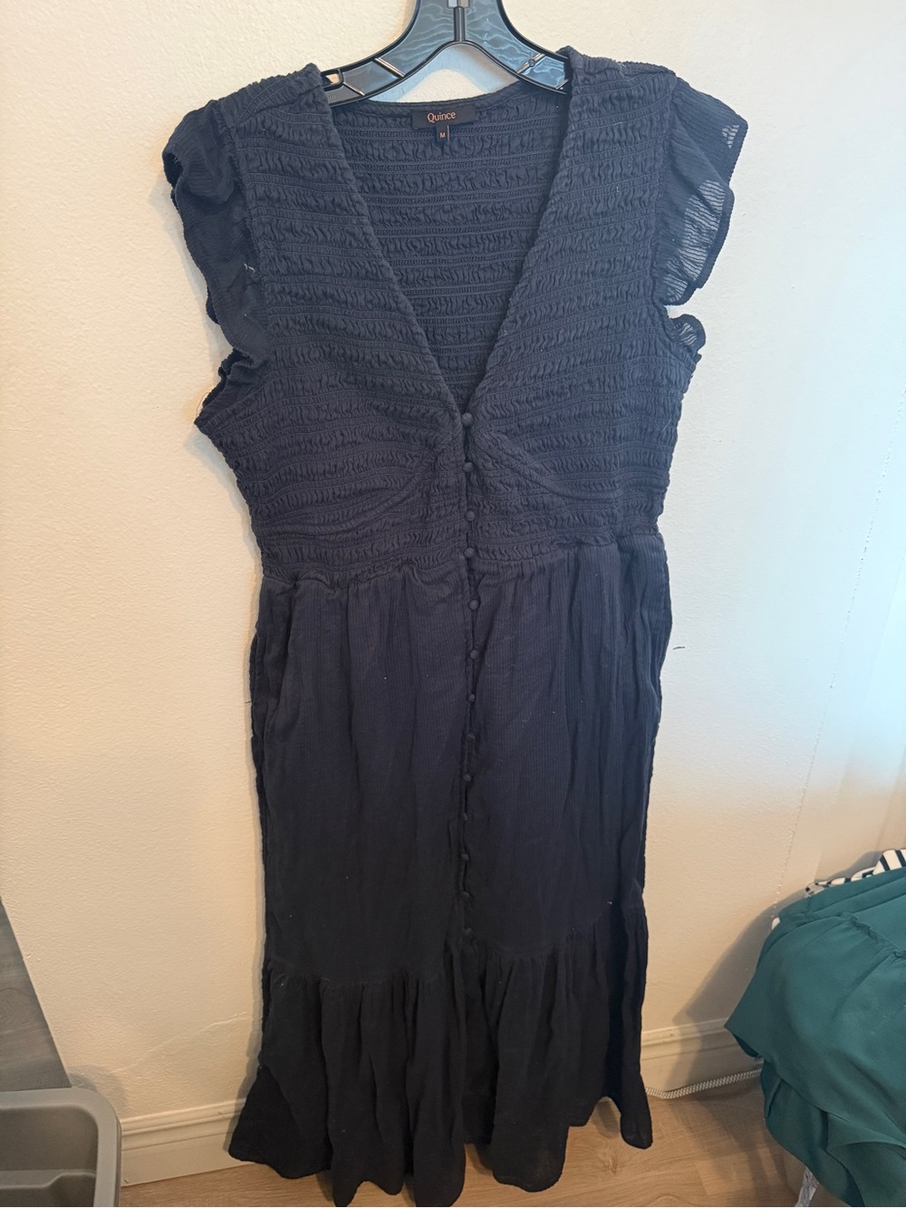 Quince Black Textured Button-Front Maxi Dress